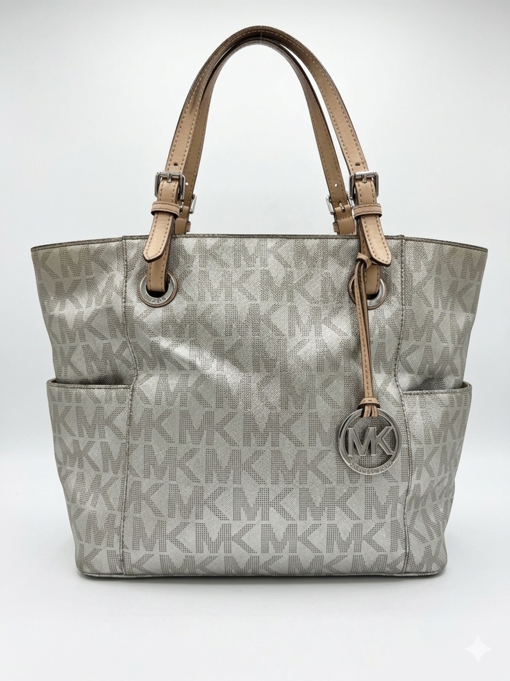 Michael Kors Silver Metallic East West Signature Monogram Chain Tote Bag - Picture 15 of 15